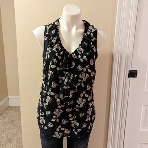 LOFT black floral print ruffle tank top size small